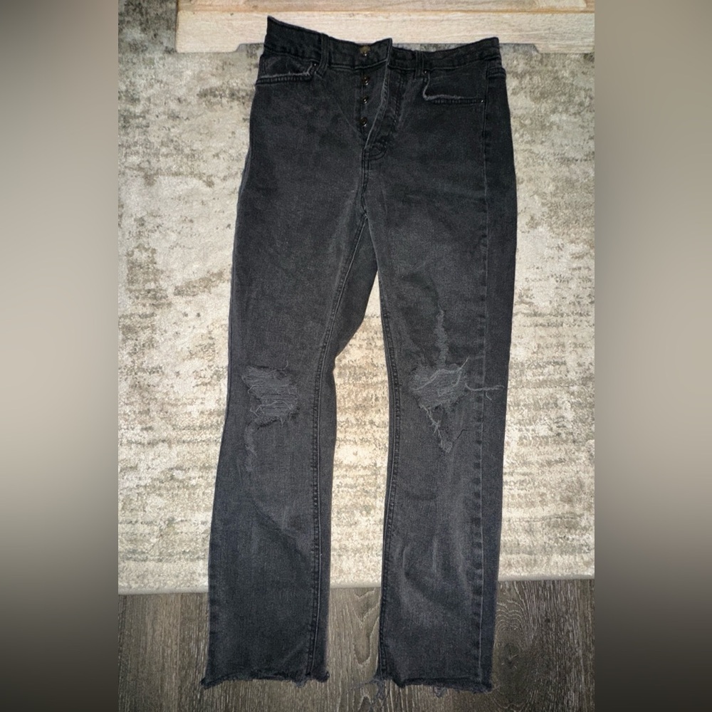 Black, high-rise, distressed jeans